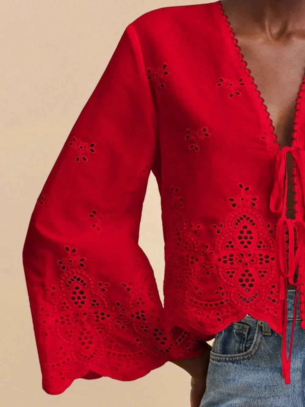 Red Casual Women's Deep V Neck Woven Blouse With Flare Sleeves